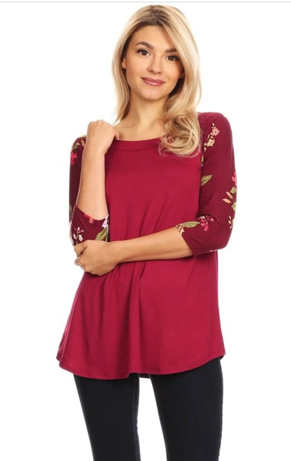 Womens Maroon Top | 3/4 Sleeve Shirt | Tropical Print Buttery Soft Shirt