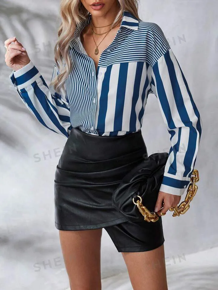 Women's Striped Button Down Drop Shoulder Long Sleeve Shirt S S4098576