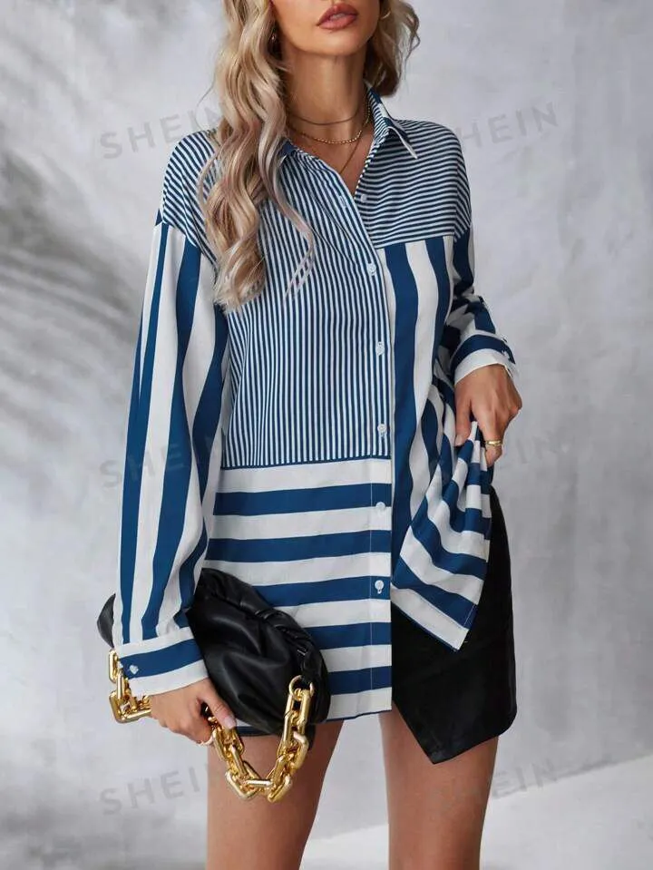 Women's Striped Button Down Drop Shoulder Long Sleeve Shirt S S4098576